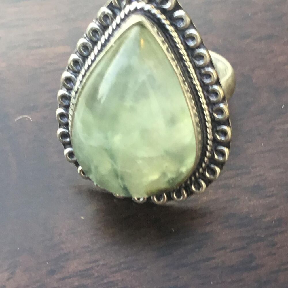 Handcrafted Pale Green Prehnite Boho Statement Ring Size 7
